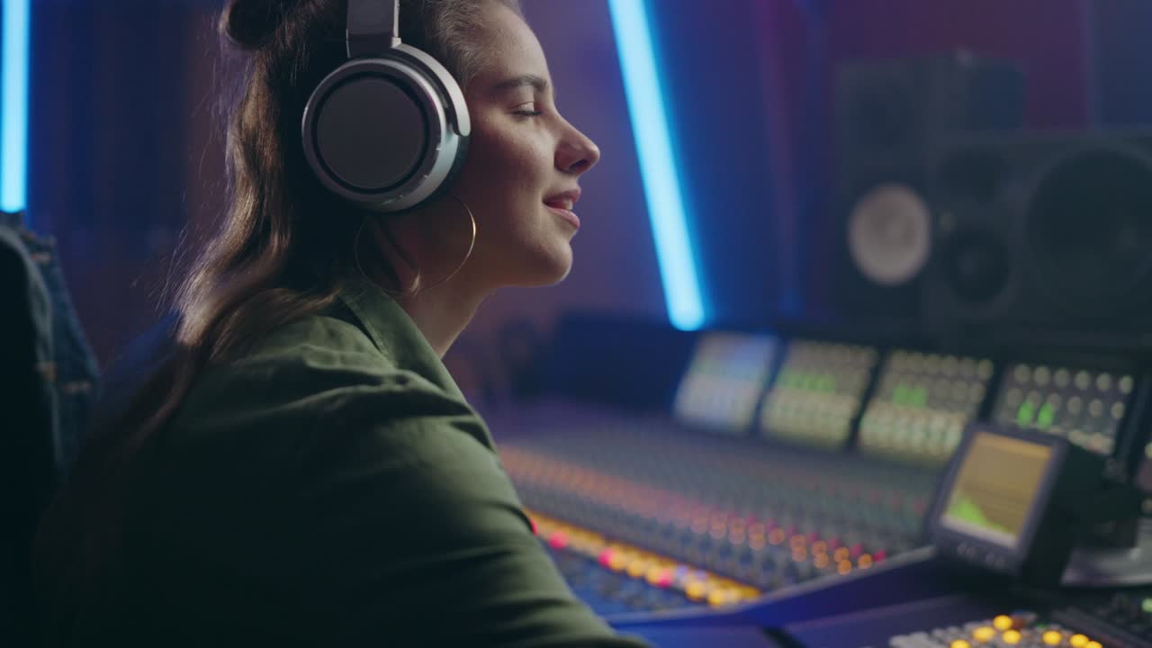 retrato de una hermosa artista femenina músico en un estudio de grabación de música utiliza una mesa de mezcla para crear una canción moderna. exitosa ingeniera de audio, productora trabajando. cámara de mano se mueve de mano a cara