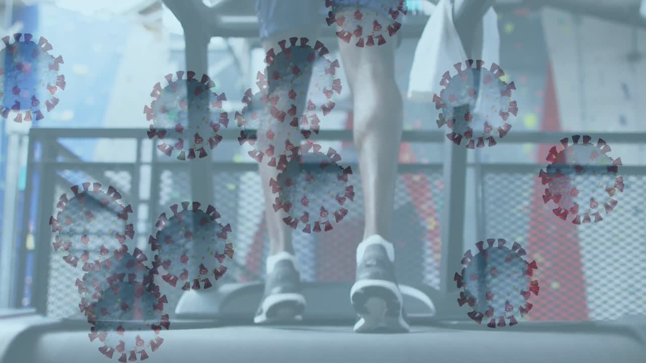 코로나19 세포가 떠다니는 아프리카계 미국인 남자가 마스크를 쓰고 운동을 하고 있습니다.