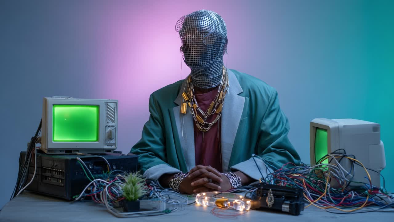 A futuristic figure with a mirrored mesh head is surrounded by tangled wires and old computers, creating a unique blend of technology and art in a vibrant setting