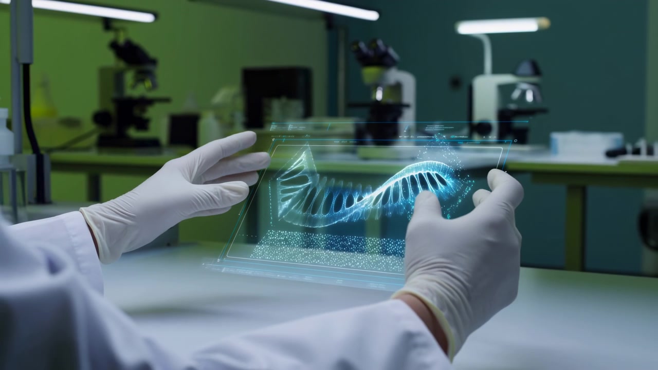 Latex gloved hands interact with transparent panel projecting cyan DNA helix over clean laboratory bench, showing precise scientific analysis, digital interface, and modern biotech workflow
