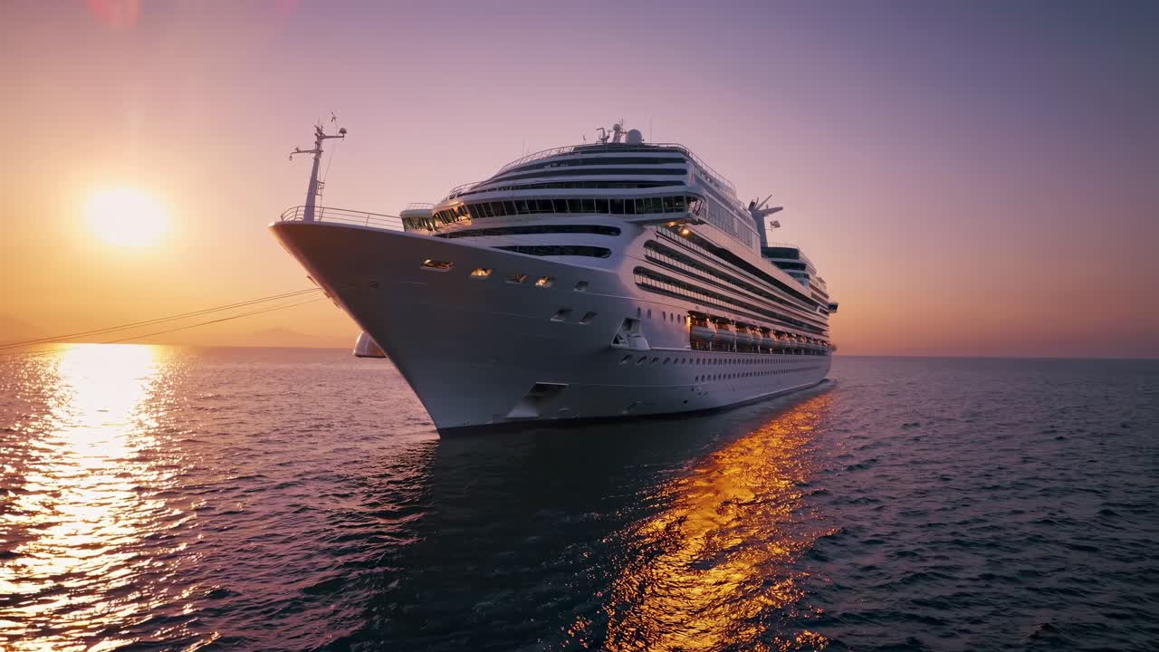 고급스러운 크루즈 선박은 평온한 바다 물을 가로질러 우아하게 미끄러지며, 황금빛 해가 지는 색채를 보여 주며, 평온한 해 표면에 반사되어 우아한 해양 분위기를 제공합니다.