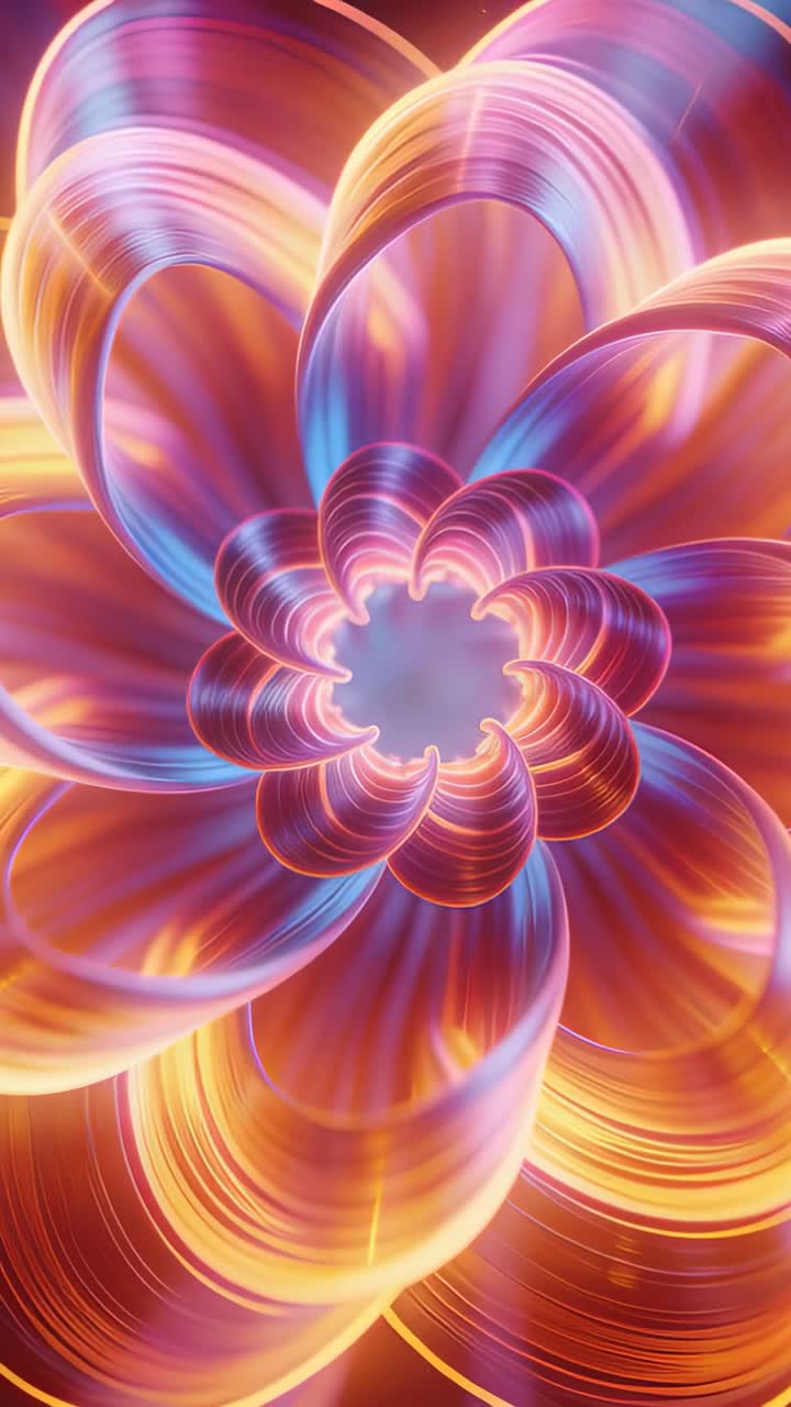 Video verticale: Loop iniziale, frattale floreale luminoso che ruota, si apre a ventaglio in studio, con apertura velata.