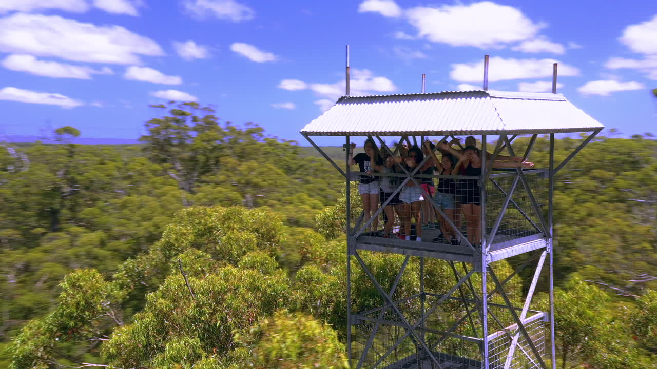 Dave Evans Bicentennial Tree peak, Group of travelers  greet happy in CAM in metal platform. Aerial tracking shot
