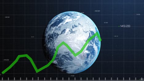 Animation-of-financial-data-processing-with-green-line-over-globe