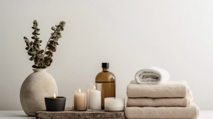 En rolig spa-setting med håndklær, lys og eukalyptus på trebord
