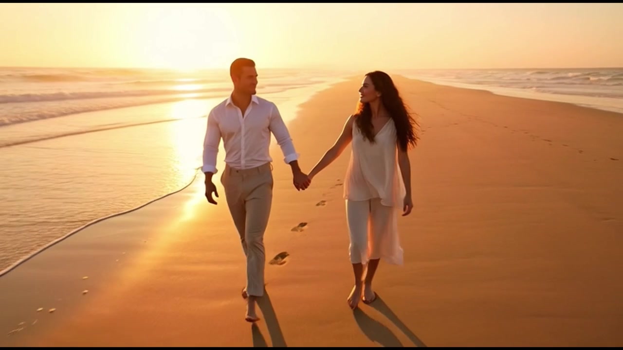 Young Couple Walking Hand in Hand on Beach at Sunset