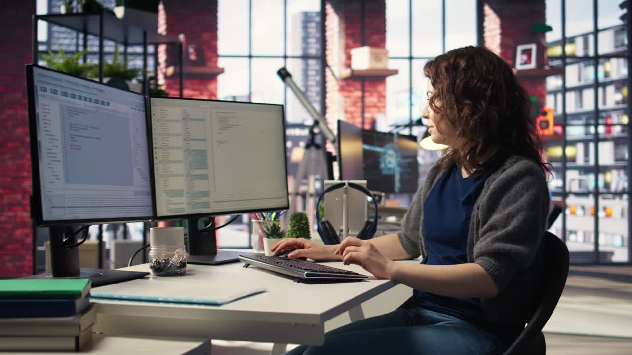 Young woman at office looking at UI on PC display and executing binary code