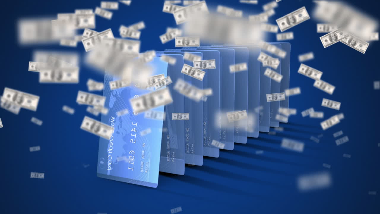 신용 카드 에 떨어지는 미국 달러 지폐 의 애니메이션