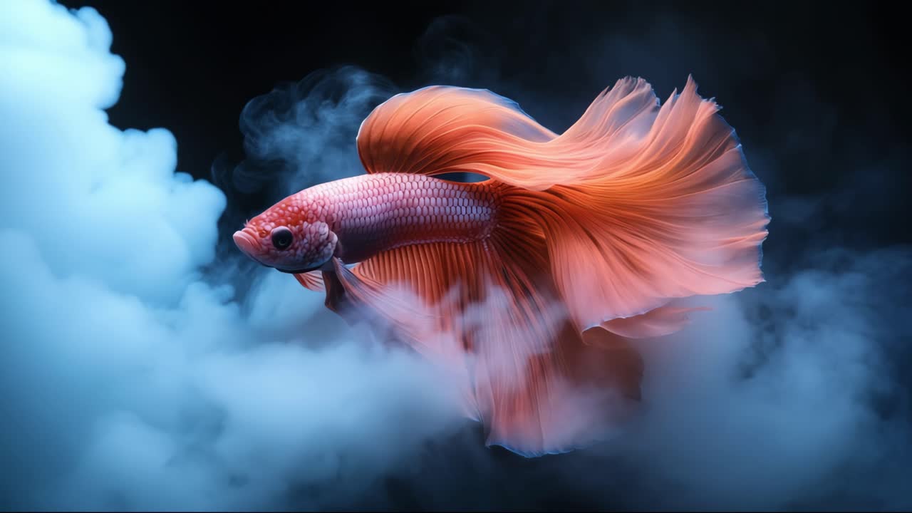 Betta fish swimming gracefully in water. A vibrant betta fish swims gracefully in swirling mist, creating an enchanting atmosphere.