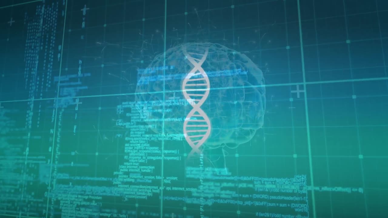 Animation of dna strand and digital brain over data processing on green background
