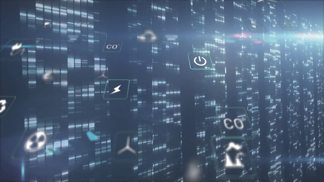 Animation of digital icons floating over illuminated cityscape at night
