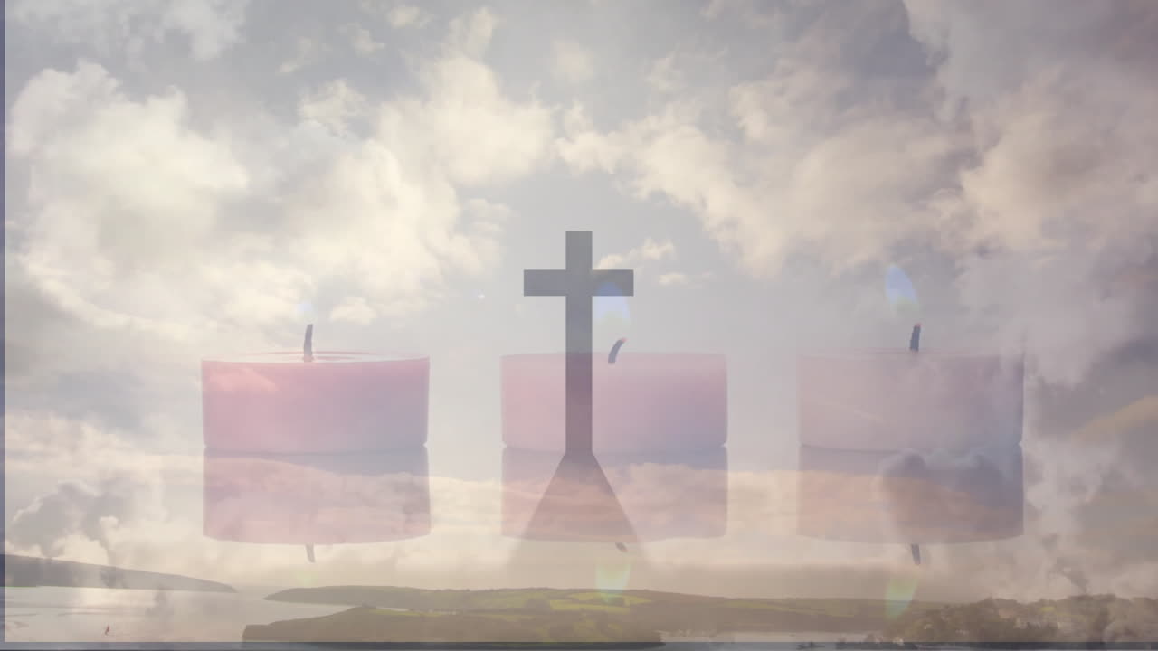 Render featuring three pink tealight candles and cross silhouette reflecting on glass blending sky
