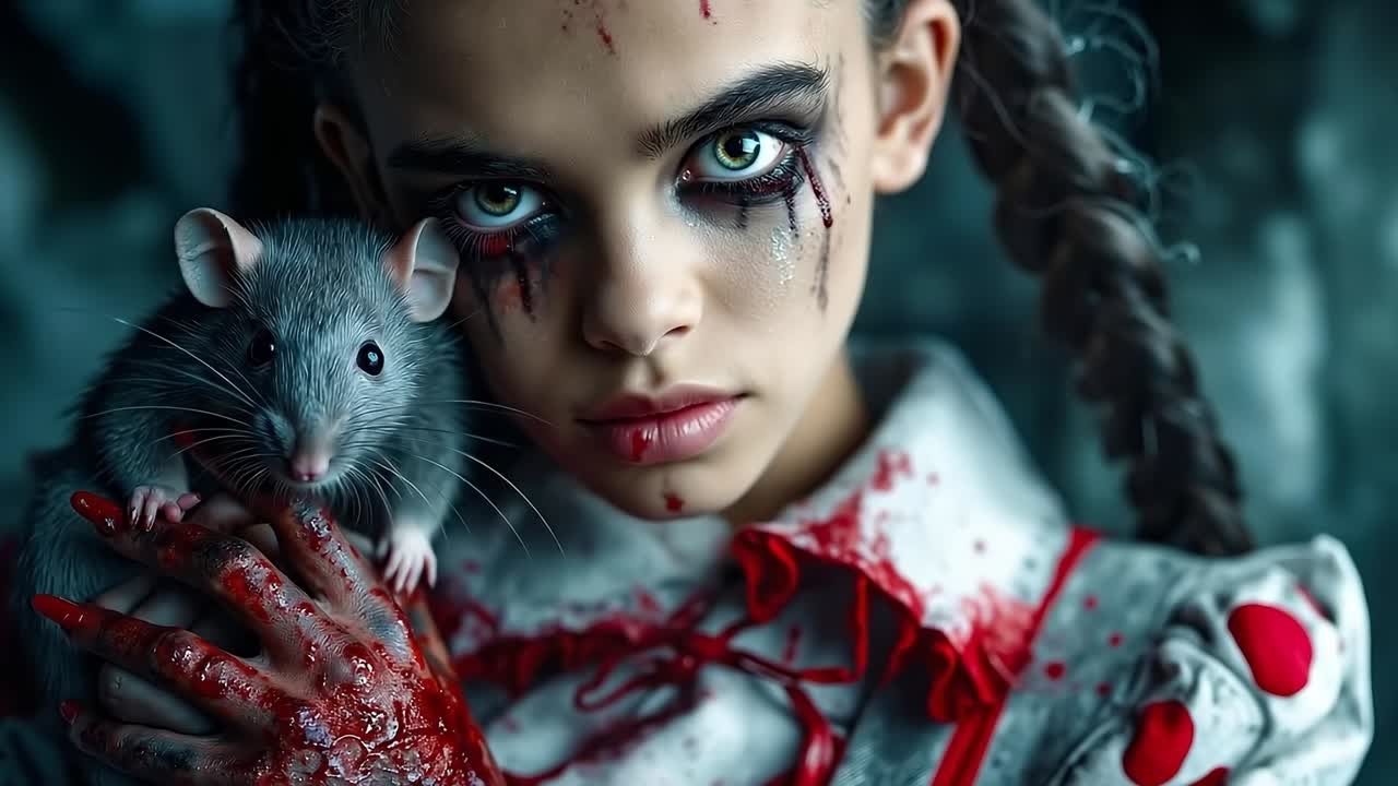 A girl holding a rat in her hands with blood on her face