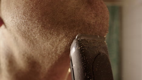 slow motion, closeup, dynamic shot with movement, clippers on chin