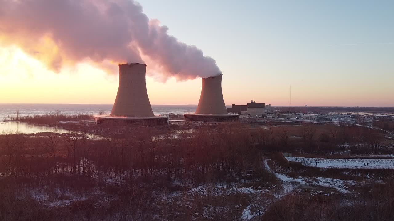 tiro aéreo estático de las torres de refrigeración de la planta de energía nuclear al amanecer y al atardecer con invierno de vapor y humo