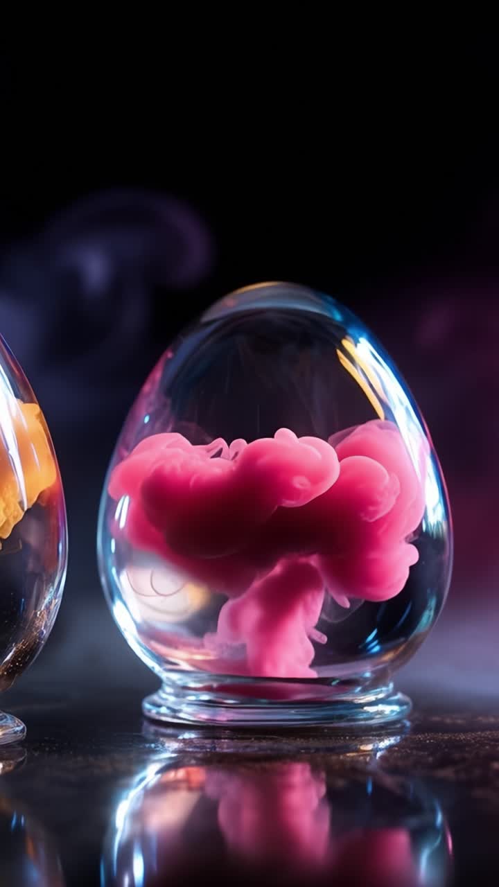 Vortici vibranti di colore: accattivanti uova di vetro mostrano dinamici movimenti fluidi con sbalorditive fusioni di colore su uno sfondo scuro, creando un'esperienza visiva ipnotizzante.