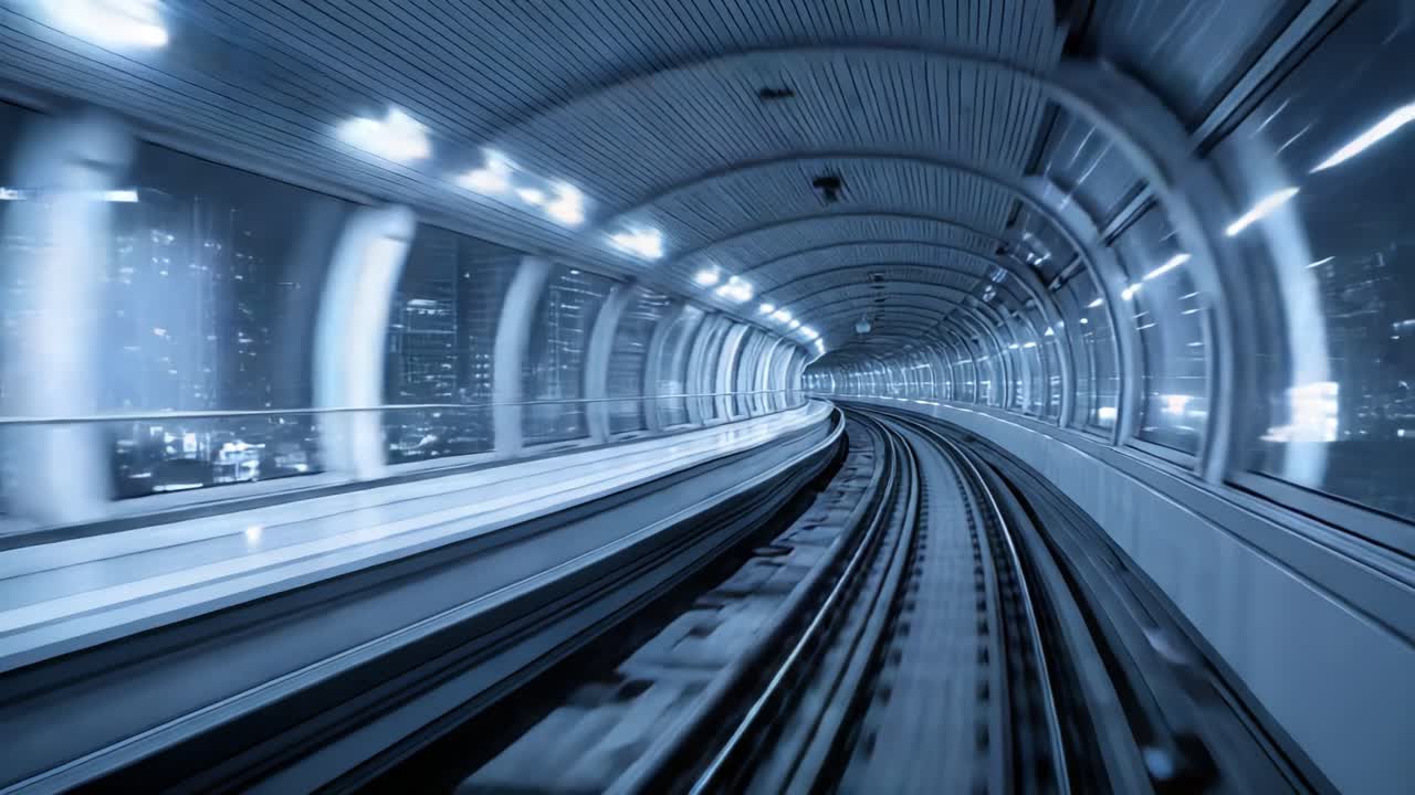 A Journey Through the Urban Underground: High-Speed Train Gliding Smoothly Through a Futuristic Tunnel at Night, Emphasizing Advanced Transportation Technology