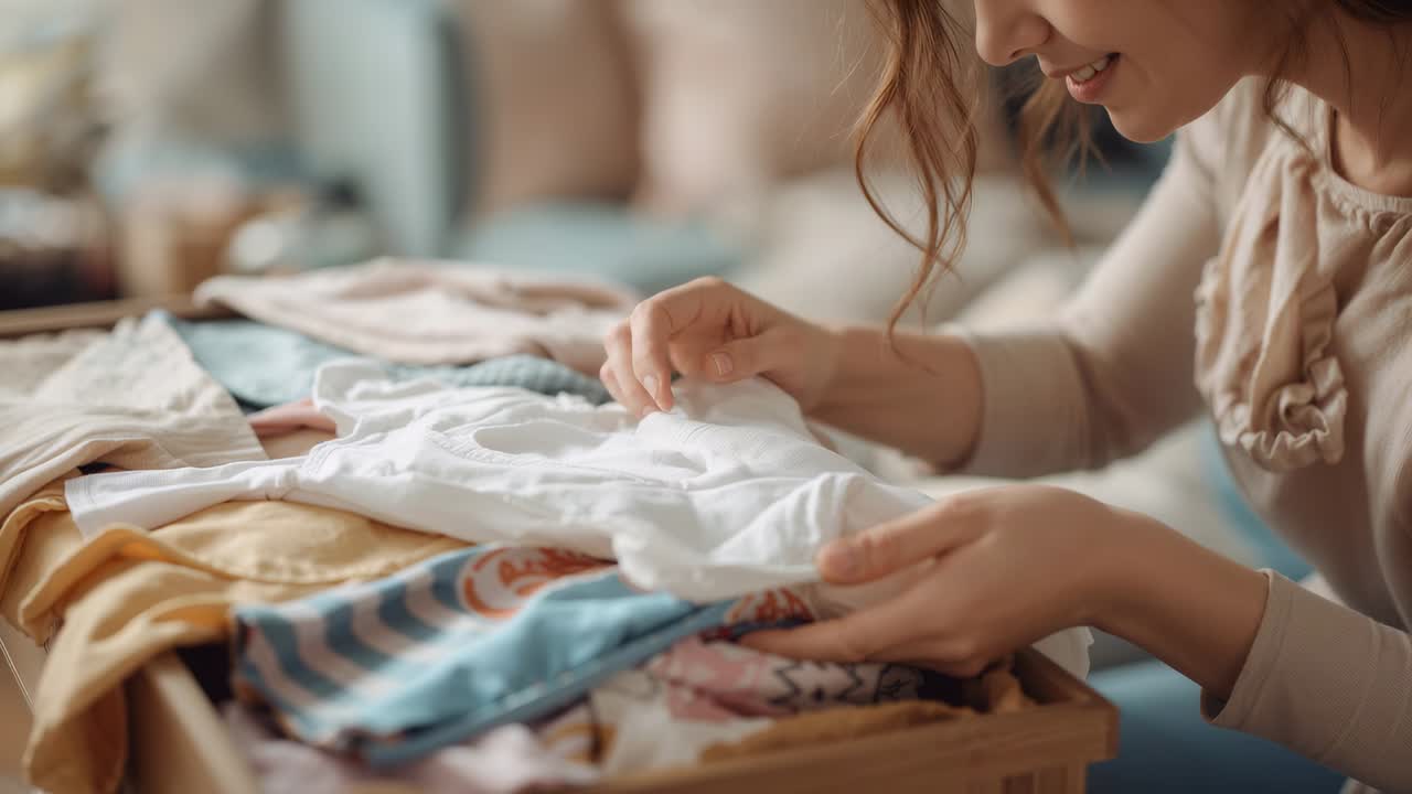 Reaching woman smoothing white onesie from crate at home, checking fabric and folding, copy space
