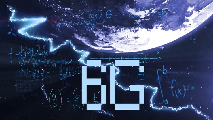 Animatie van wiskundige vergelijkingen en 6G-tekst over een wereldbol.