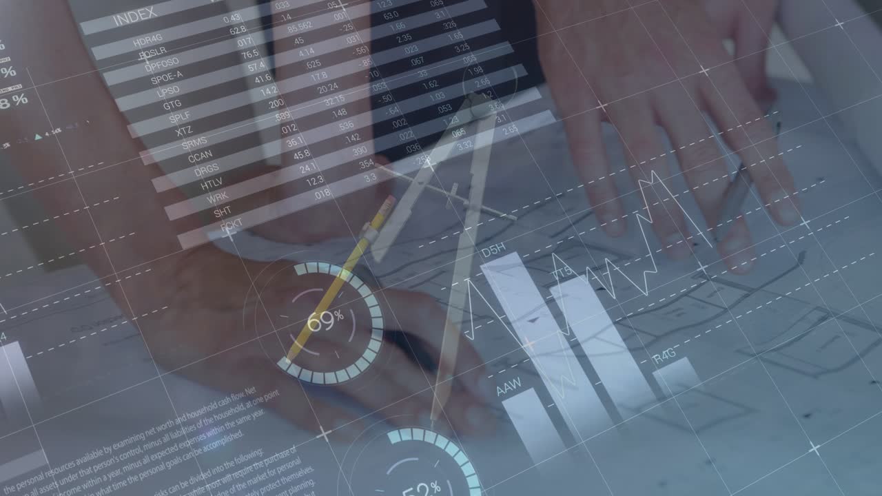Animation of statistics and data processing over caucasian architects working