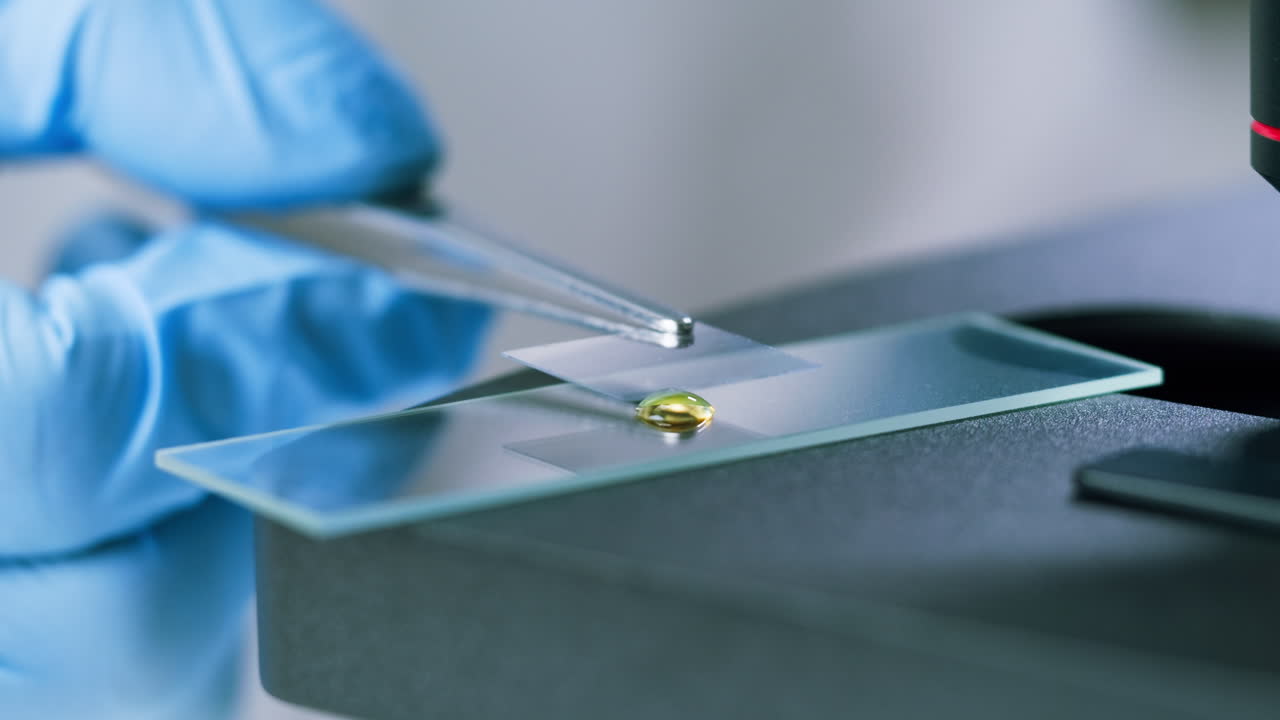 Scientist Placing Cover Slip on Microscope Slide with Liquid Sample