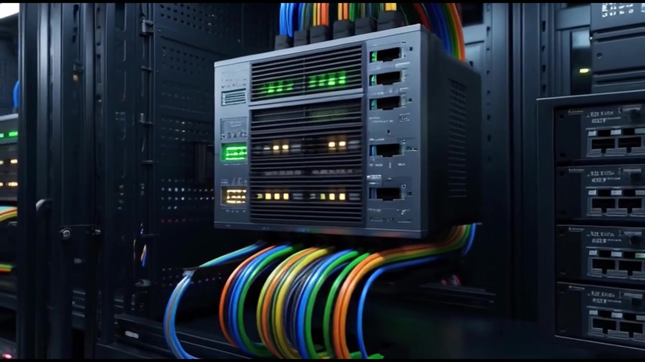 Nærbillede af moderne serverrack med farverige netværkskabler.