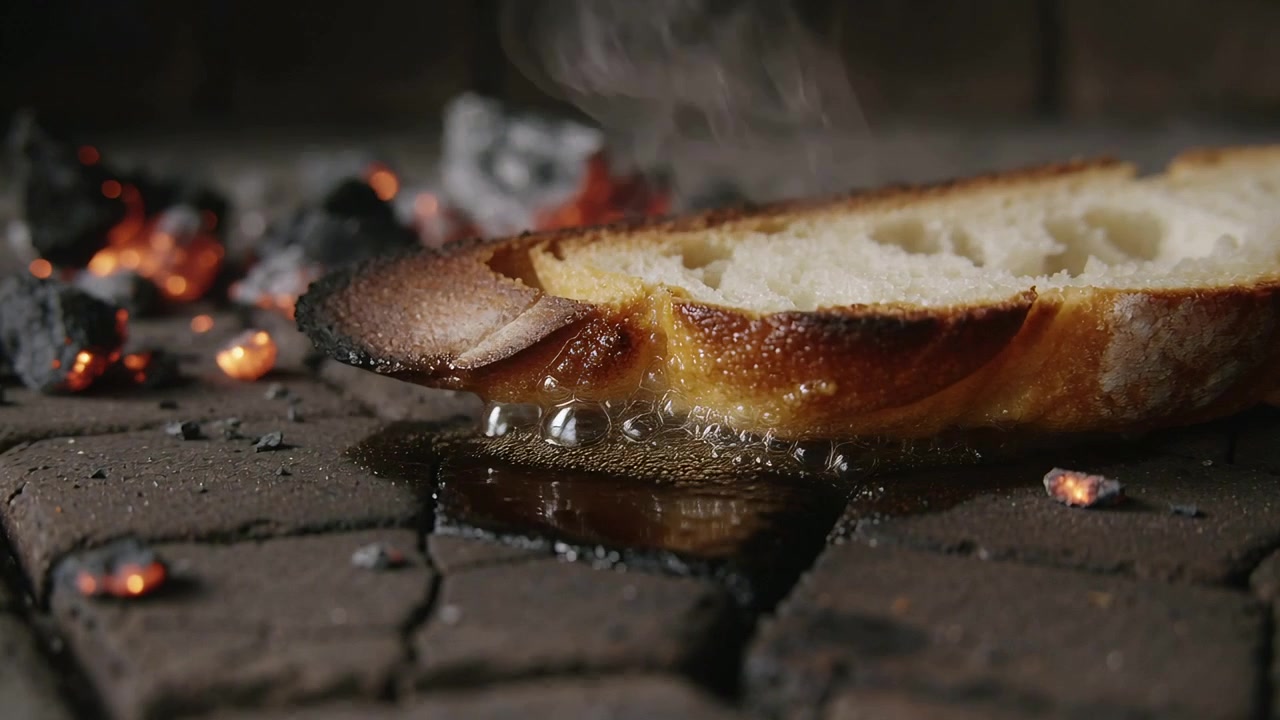 Browning rustic bread on brick oven floor by embers' heat, with butter melting and steam rising