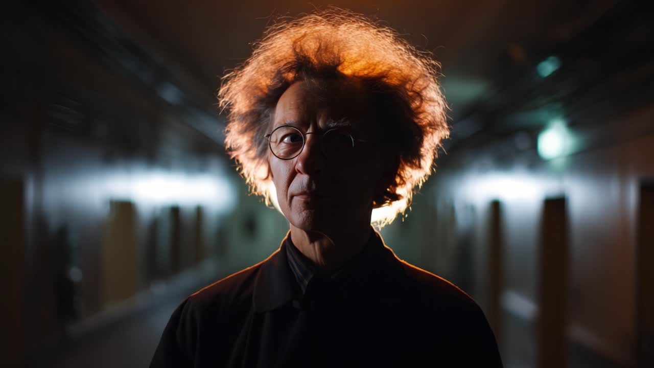 A contemplative figure stands in a dimly lit corridor, illuminated from behind, showcasing striking features and a uniquely styled hairstyle, evoking curiosity and intrigue