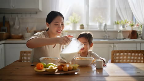 mother and daughter enjoying breakfast together in a sunny kitchen