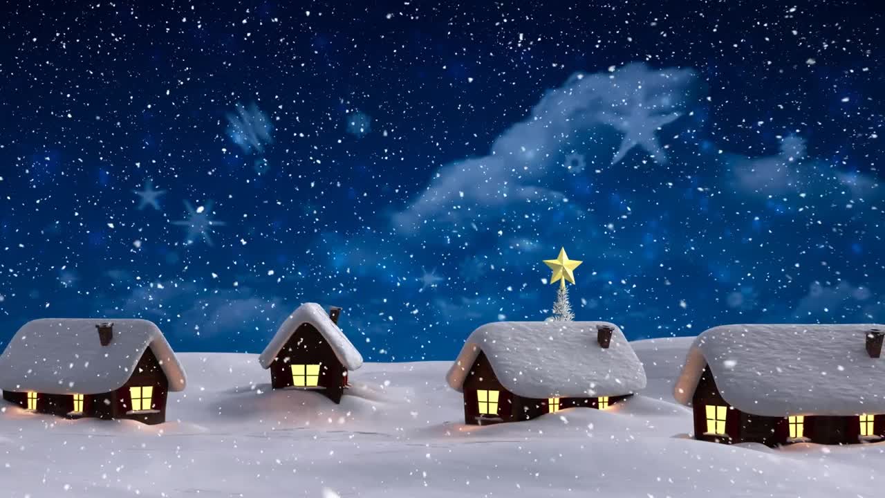 Animazione di neve che cade su case e paesaggio invernale