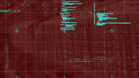 Animation-of-grid-pattern-and-programming-language,-numbers-over-electronic-sockets-in-background