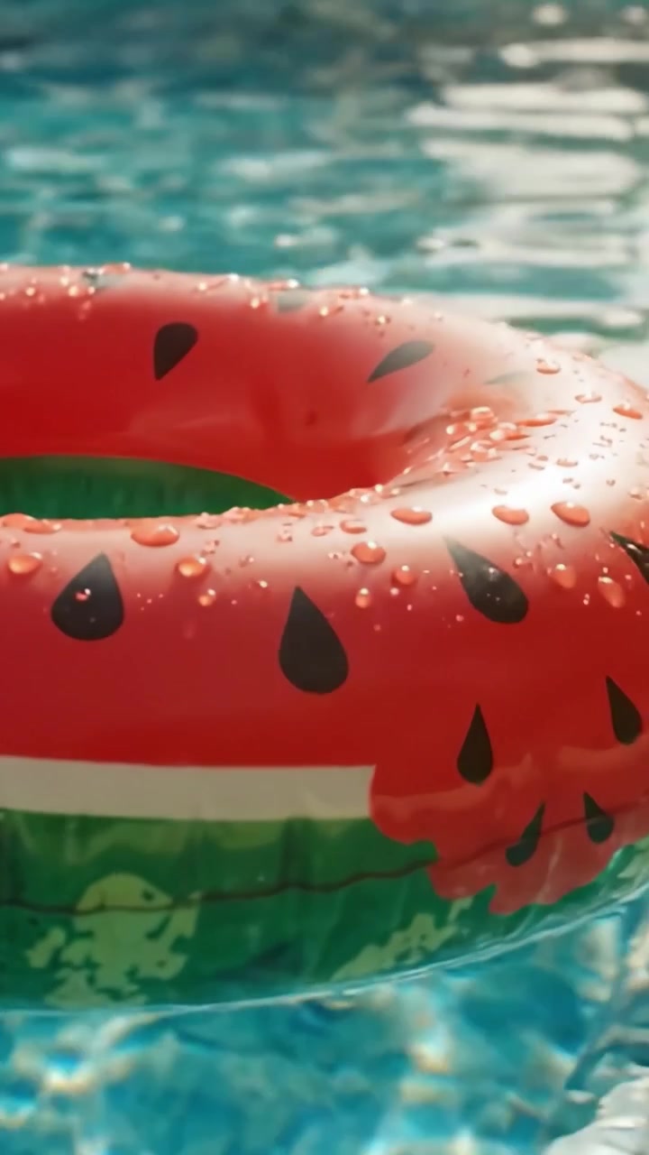 A Vibrant Watermelon Inflatable Pool Float in Crystal Clear Water, Perfect for Summer Fun and Relaxation, Capturing the Joy of Leisure Moments by the Pool