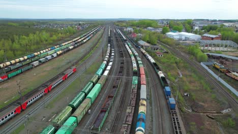 freight trains at the depot view from the drone.