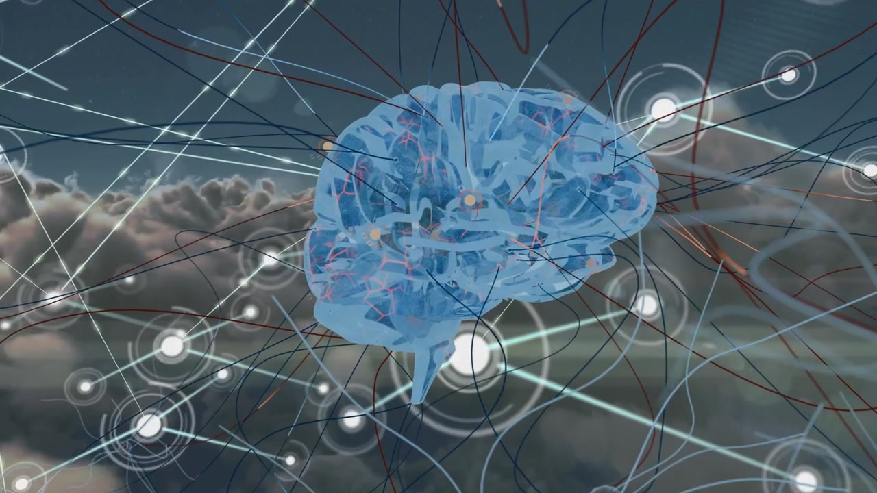 Core node emitting filaments, nodes linking, ribbon sweeping, brain forming, showing network growth