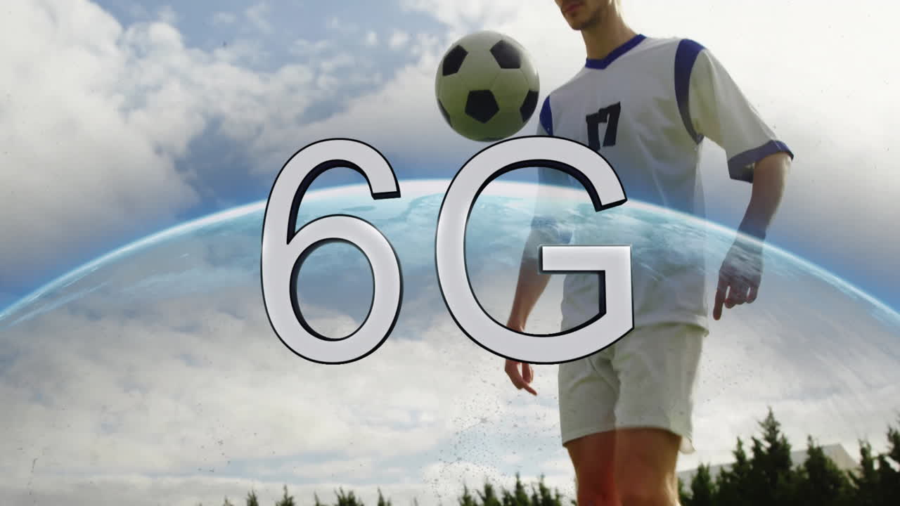 Juggling soccer ball, player with 6G animation over cloudy sky background