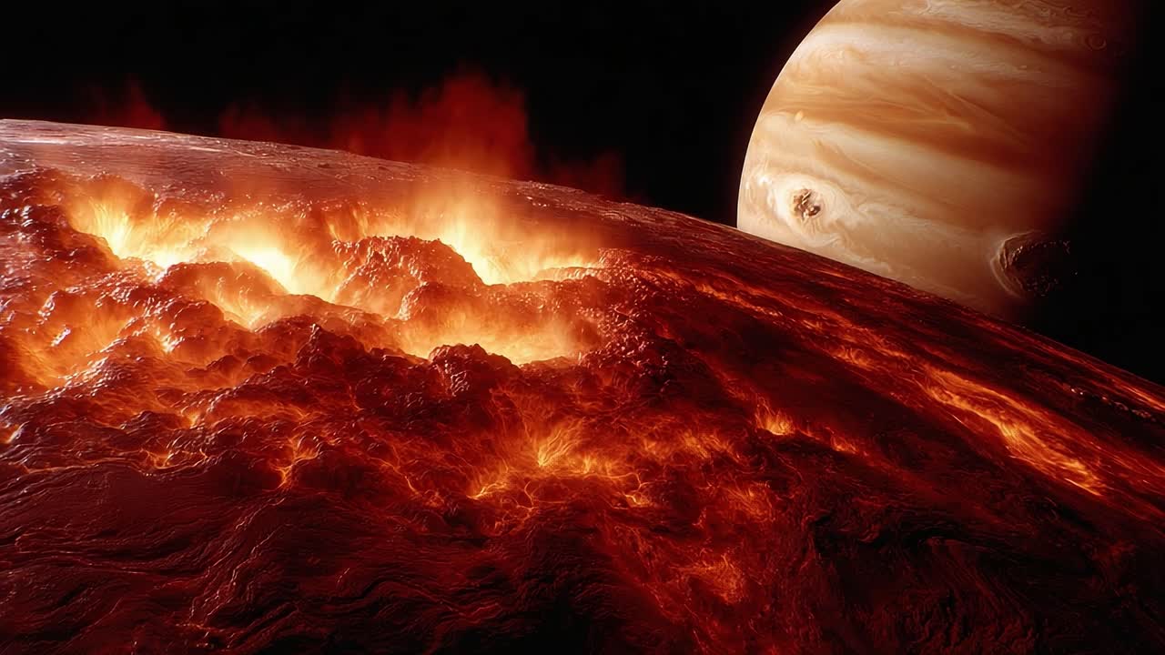 A Breathtaking View of a Volcanic Landscape Under a Fiery Eruption with the Majestic Scale of Jupiter in the Distance Highlighting Cosmic Wonders