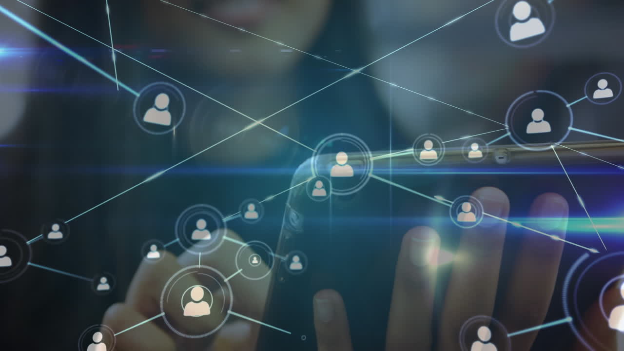 Animation of network of connections with icons over biracial businesswoman using tablet