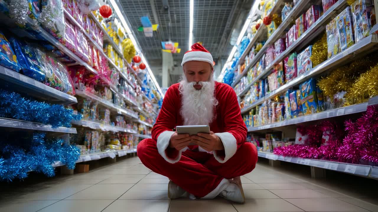 A Holiday Preparations Scene Featuring a Santa Claus Figure Sitting in a Colorful Store Aisle Full of Festival Decorations While Engaging with a Tablet Device in a Playful Atmosphere
