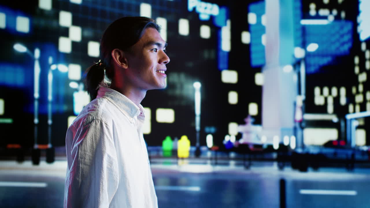 편안한 남자가 도시 거리를 돌아다니고 있습니다.