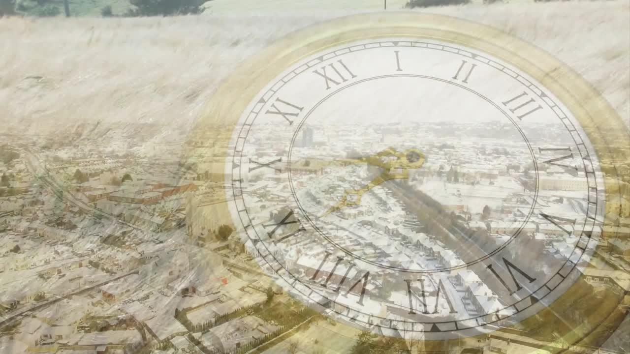 Sepia clock overlay advancing hands clockwise triggered by time to show day passing over suburb
