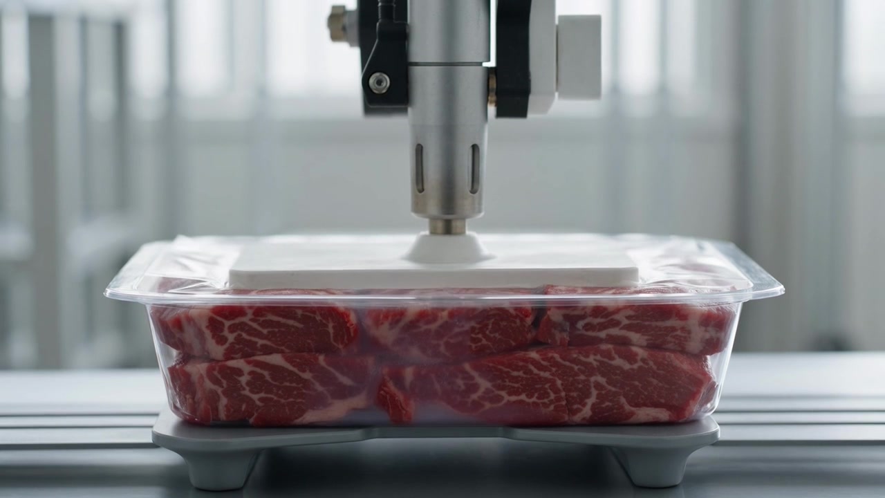 Automated Vacuum Sealing Process for Raw Beef Steaks in Food Factory