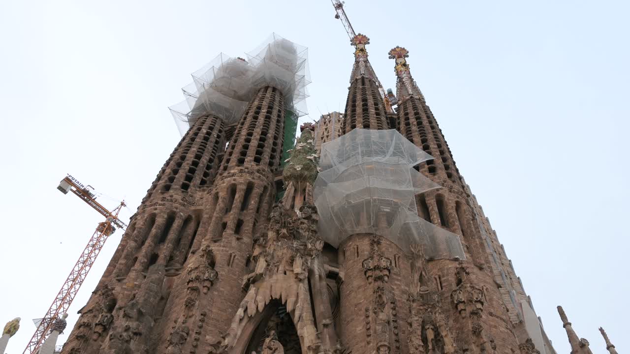 Worm&rsquo;s-eye view of the Sagrada Familia towers, the largest unfinished Catholic church in the world, and part of a UNESCO World Heritage Site