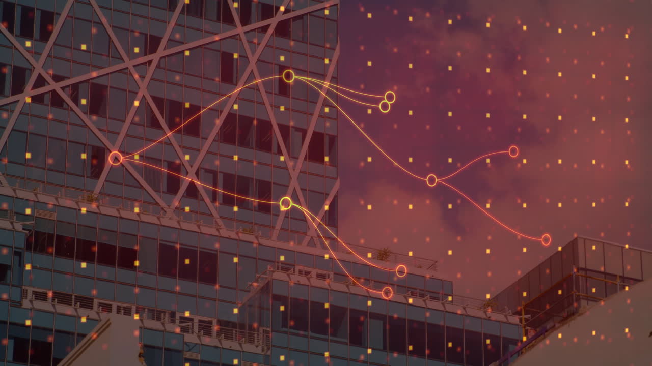 Modern glass steel office building showing glowing network nodes and flowing connection lines