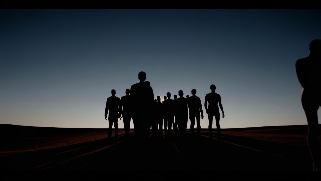 Silhouette of a group walking in the desert at dawn or dusk