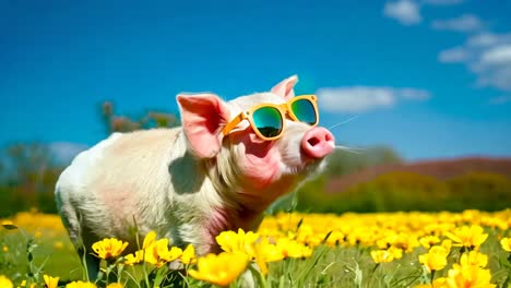 a small pig wearing sunglasses standing in a field of yellow flowers