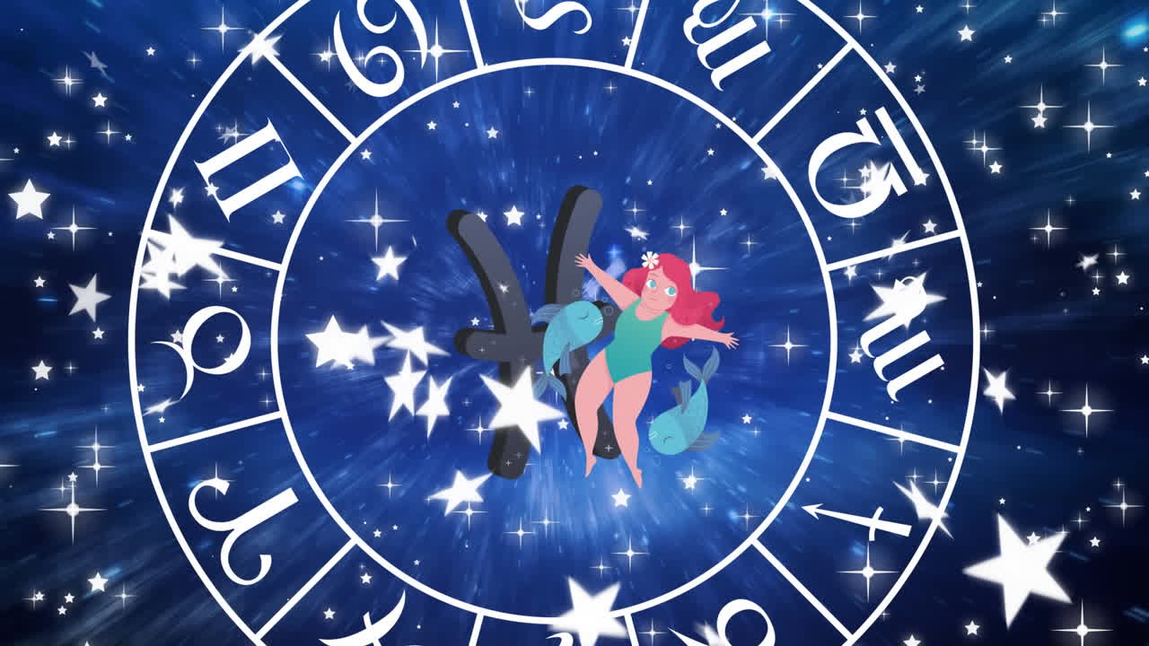 animación de la rueda giratoria del signo de la estrella con el signo de piscis y las estrellas