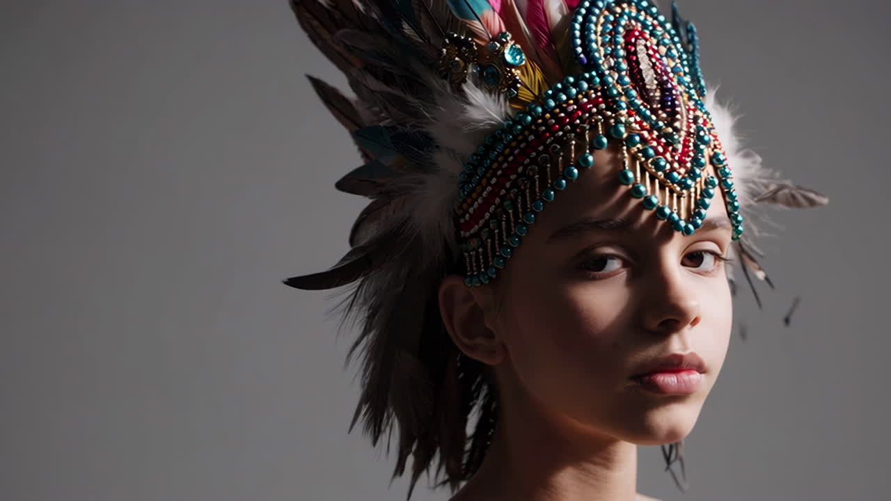 Girl in an elaborate feather and beaded headdress