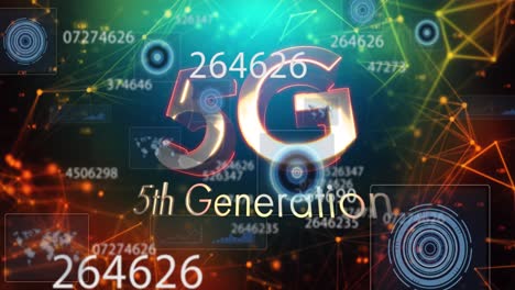 texto de 5g contra múltiples números cambiantes y red de conexiones sobre fondo negro