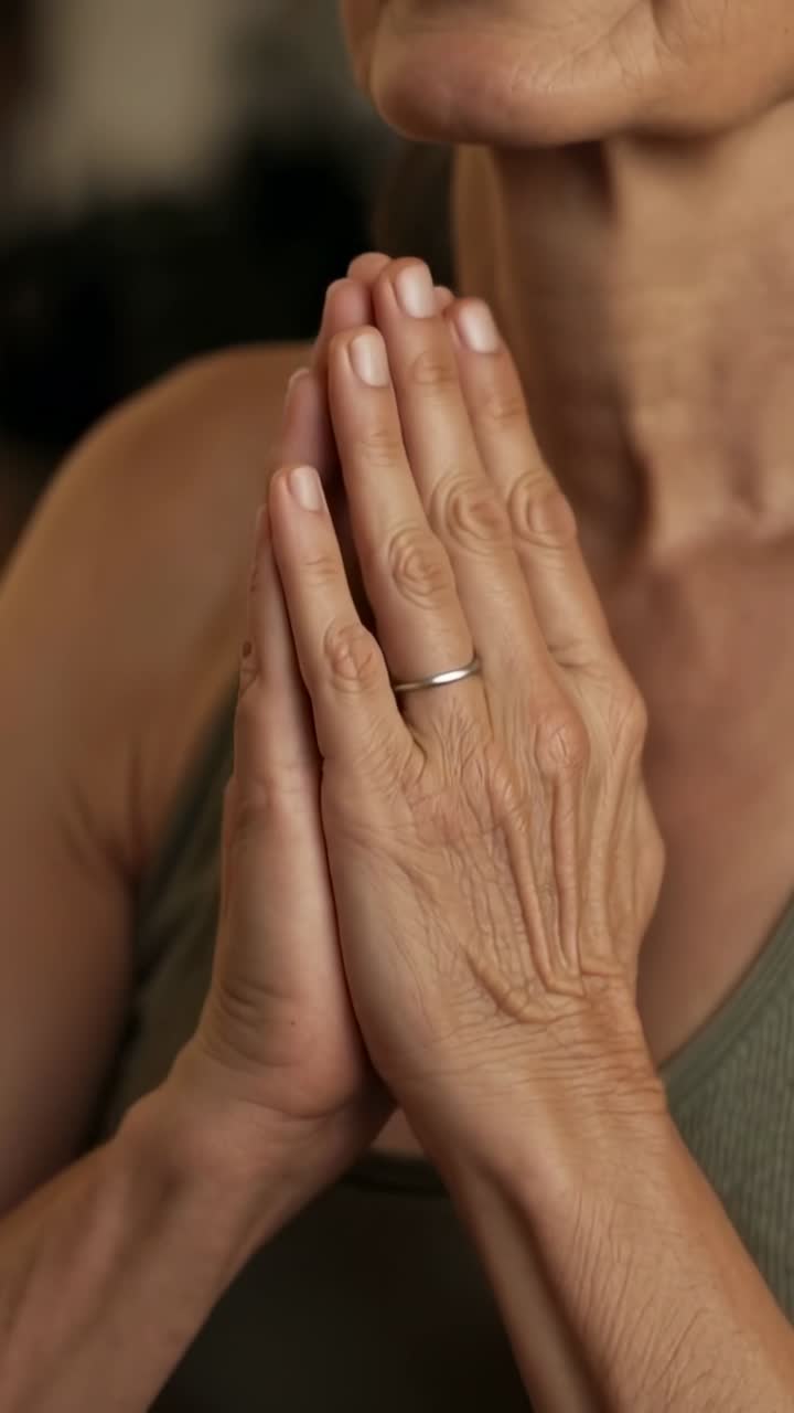 Video verticale: La telecamera si allontana mostrando una donna anziana che prega, con un top color oliva, a casa, con una fede nuziale.