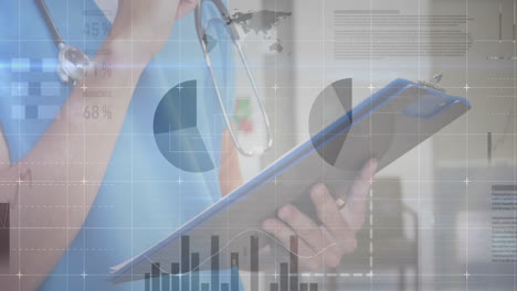 Healthcare professional reviewing tablet in clinic, displaying animated pie charts and bar graphs